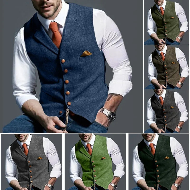 Men's Retro Suit Vest Fashion Plaid Lapel Single-breasted Waistcoat with Pocket Business Casual Formal Vest Tops Men's Clothing