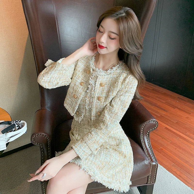 Tweed Jacket +Dress Sleeveless Suit Spring Autumn Women Jacket Fresh Striped O-Neck Vintage Office For Girls 2 Pieces Skirt Suit