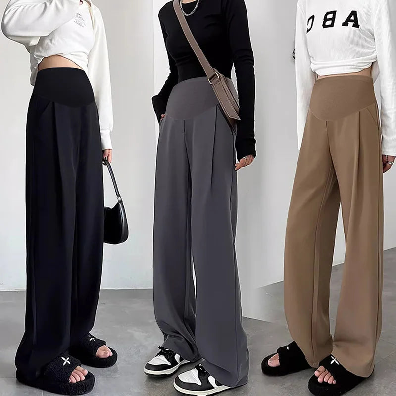 2024 Pregnant Women's Maternity Clothings New Wide Leg Suit Pants Casual Slimming Pants Simple Straight Leg Long Pants Gray