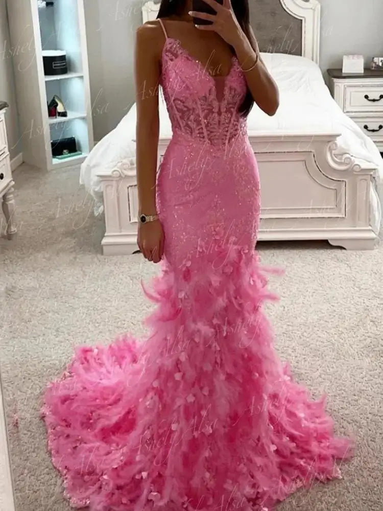 Luxury Pink Meramid Formal Occasion Dresses For Special Events 2024 V Neck Lace Feather Long Women Evening Wedding Party Gown