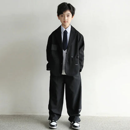 autumn boys suit clothes set Korean Letter Blazer+Striped shirt+tie+pants 4pcs 4-16 kids Boy Dress clothing outfits