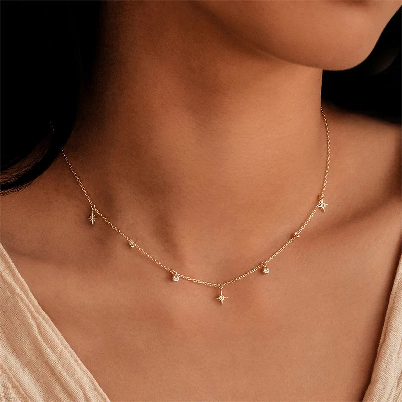 Aide 925 Sterling Silver Zircon Star Charms Necklaces For Women Elegant Luxury 18k Gold Plated Chain Necklace Choker Jewelry