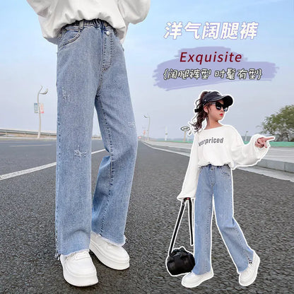 2023 Big Teens Girl Wide Leg Jeans Kids Girls Denim Pants Children Outwear Long Trousers Girl Clothing Fall Spring 4-12Years