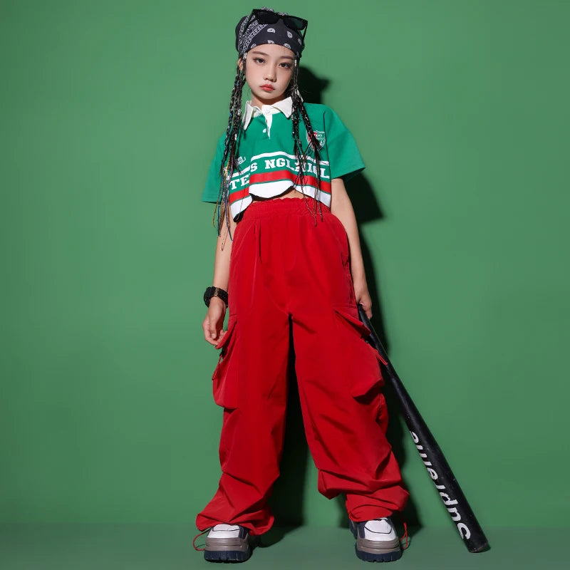 Kids Cometitions Hip Hop Clothing Crop Polo Tshirt Red Baggy Cargo Pants For Girls Jazz Showing Dance Costume Teenage Clothes