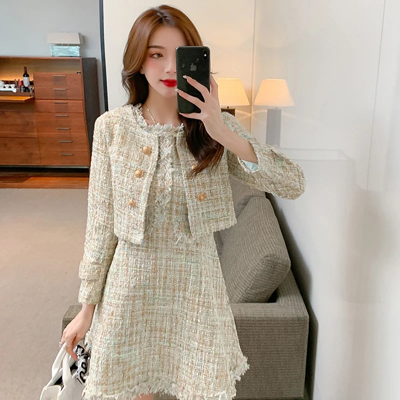 Tweed Jacket +Dress Sleeveless Suit Spring Autumn Women Jacket Fresh Striped O-Neck Vintage Office For Girls 2 Pieces Skirt Suit