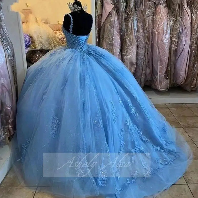 Charming Light Blue Women Prom Special Occasion Dresses V Neck Lace Applique  ballkleider Sweet 16 Birthday Party Quinceanera 15