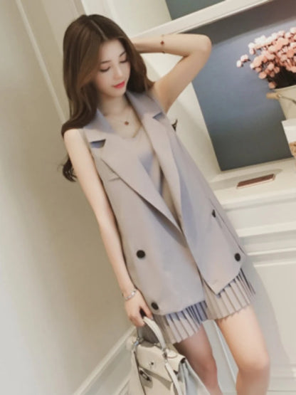 Spring Summer 2023 Medium Long Suit Vest Coat+pleated Suspender Dress Fashion Suit Women's Leisure Two-piece Set Two Piece Dress