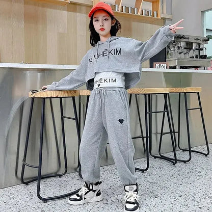 Girls Spring Casaul Fashion Korean Style Tracksuit Kids 3pcs Vest+Hoodie+Pants Sport Suits Teenage 5-14 Years Girls Clothing