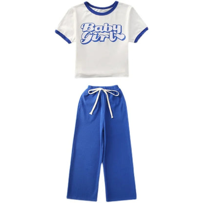 Summer New Fashion Teen Girls Clothing Sets Children Letter Tops + Wide Leg Pants 2Pcs Outfits Kids Tracksuit 4 6 8 10 12 Years