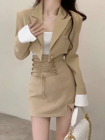 2 Piece Dress Set Women Casual Y2k Crop Tops Elegant Jacket Coats + Mini Skirts Korean Fashion Suits 2024 Spring Blazers Dress