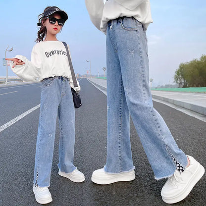 2023 Big Teens Girl Wide Leg Jeans Kids Girls Denim Pants Children Outwear Long Trousers Girl Clothing Fall Spring 4-12Years