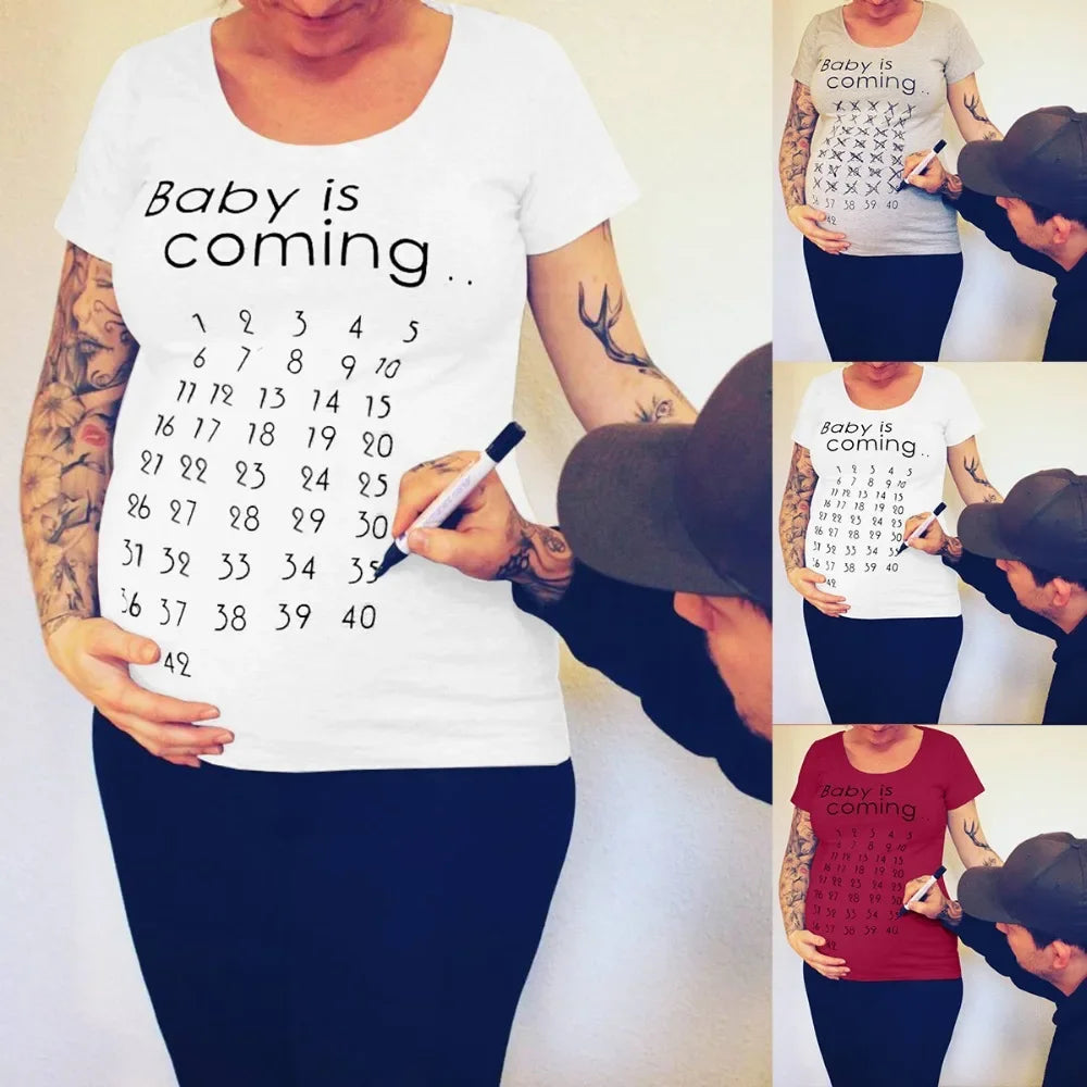 Baby Is Coming Print T-Shirt Women Maternity Clothing Pregnant Short T Shirt Funny Top for Photography Photo Shoot Plus Size