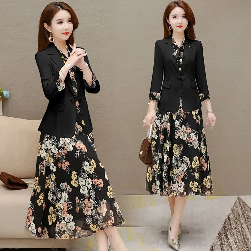 2023 New Blazer Dress Women's Spring and Autumn Fragrant Flower Dress Two-Piece Suit Mother Dresses Party Vestidos Summer Dress