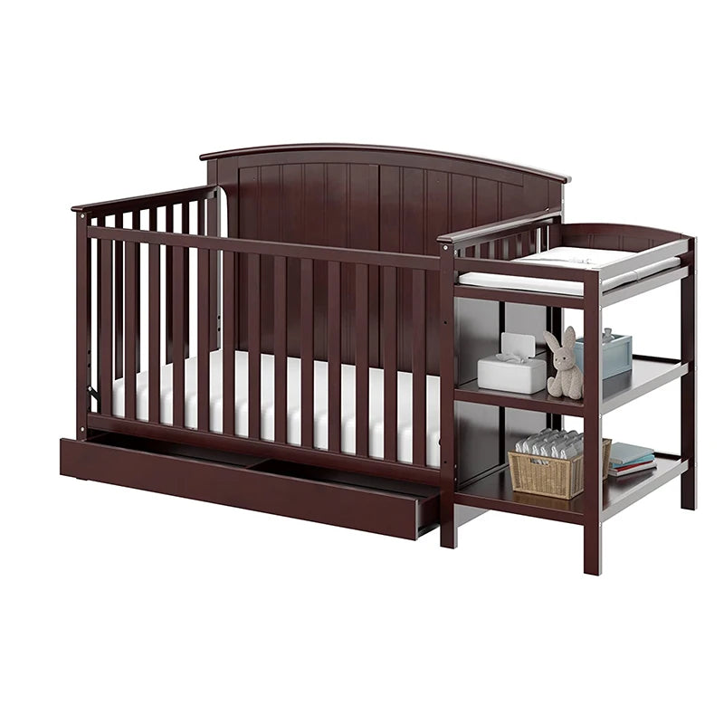 American Style 4 in 1 Pine Wood Solid Wood Baby Crib with Drawer & Changing Table