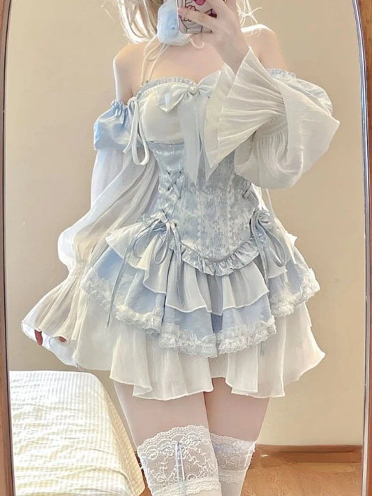 2024 Summer Blue Lolita Clothing Suit Slim Vest + Kawaii Y2k Mini Dress Elegant Short Party Dress Japanese Style Fashion Suit