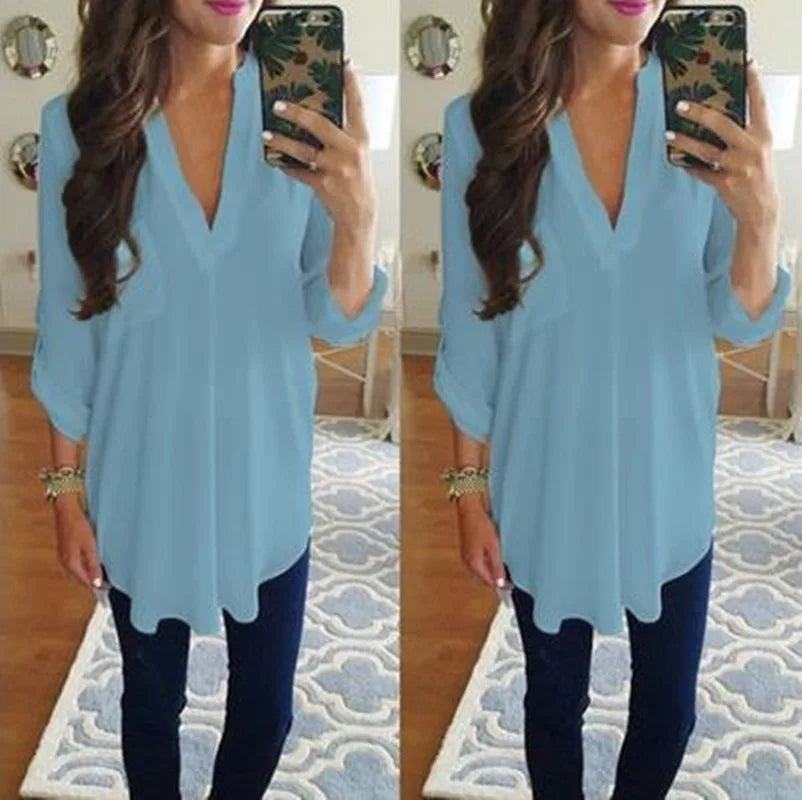 2024 Summer Loose Maternity V-Neck Blouse Long Sleeve Shirt Pullover Tops Chiffon Female Women Solid T-Shirt Streetwear Clothing