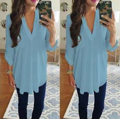 2024 Summer Loose Maternity V-Neck Blouse Long Sleeve Shirt Pullover Tops Chiffon Female Women Solid T-Shirt Streetwear Clothing