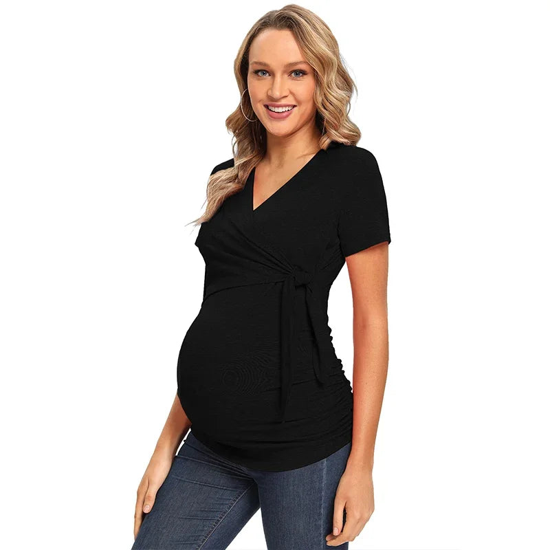 Maternity Women T-shirt Pregnancy V-Neck Black Tops Maternity Shirts Short Sleeve Comformation Cute Maternity Clothing Tops