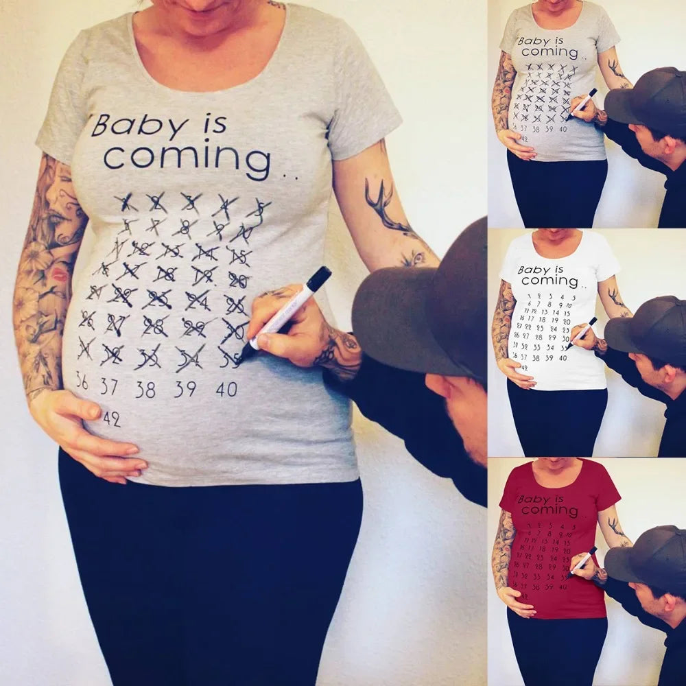 Baby Is Coming Print T-Shirt Women Maternity Clothing Pregnant Short T Shirt Funny Top for Photography Photo Shoot Plus Size