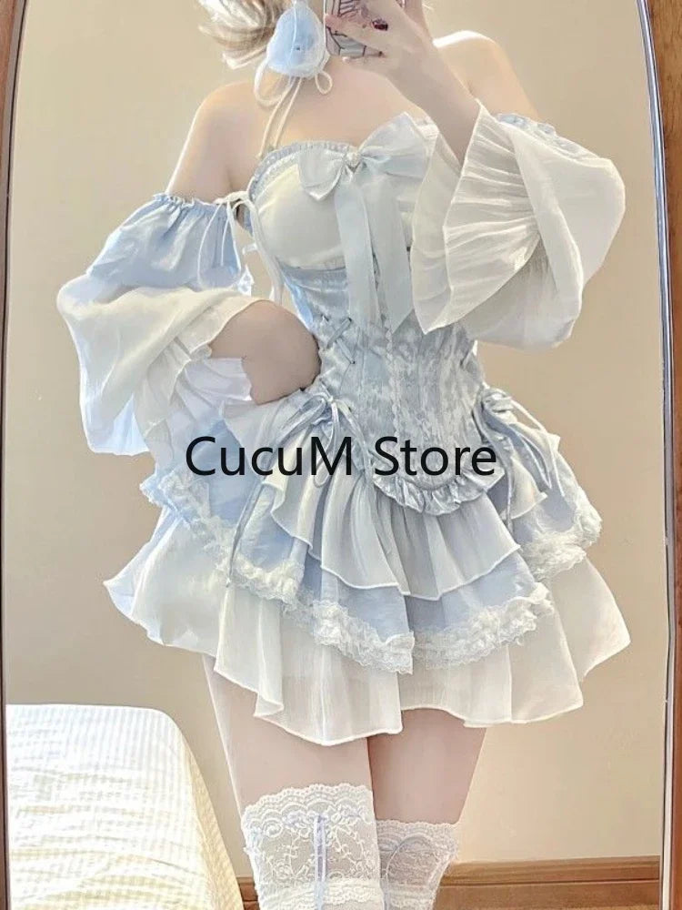 2024 Summer Blue Lolita Clothing Suit Slim Vest + Kawaii Y2k Mini Dress Elegant Short Party Dress Japanese Style Fashion Suit