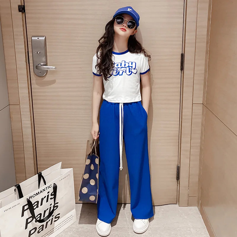 Summer New Fashion Teen Girls Clothing Sets Children Letter Tops + Wide Leg Pants 2Pcs Outfits Kids Tracksuit 4 6 8 10 12 Years