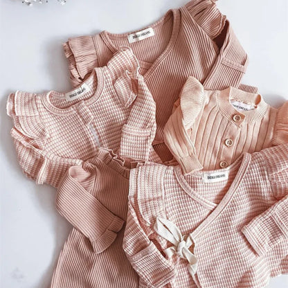 2023 Autumn Baby Girl Clothes Infant Baby Long Sleeve Ribbed Top+Pant+Headband Set Newborn Baby Pajamas Ruffle Clothing Sets