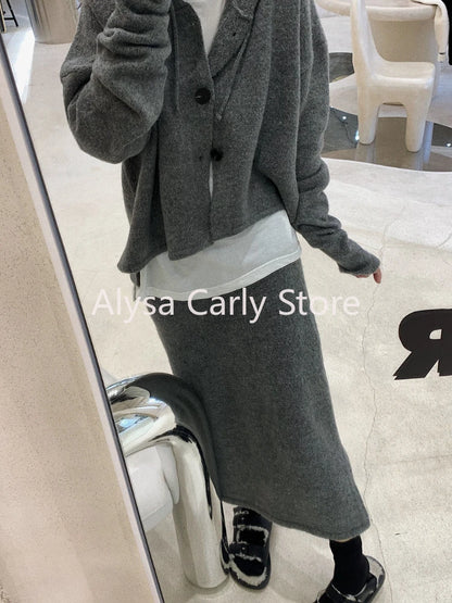 Elegant Knitting 2 Piece Set Women Long Sleeve Coat + Casual Midi Skirt 2023 Winter Vintage Party Office Lady Korean Knited Suit