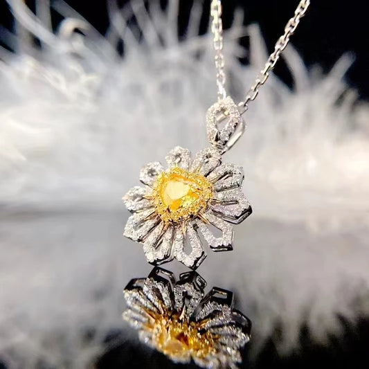 XCL 18K PURE GOLD FASHION FLOWER-STYLE NATURAL YELLOW DIAMOND PENDANT&NECKLACE FINE JEWELRY FOR LADY PARTY GIFT ALL SEASON