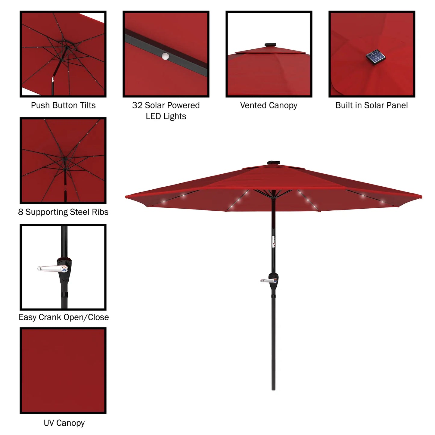 Modern Outdoor 10 Foot Patio Umbrella with Solar LED Light (Red)