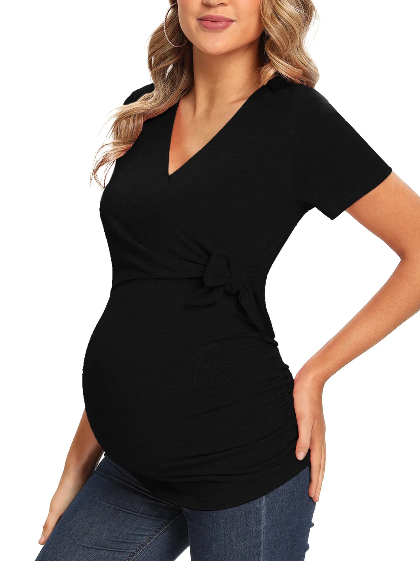 Maternity Women T-shirt Pregnancy V-Neck Black Tops Maternity Shirts Short Sleeve Comformation Cute Maternity Clothing Tops