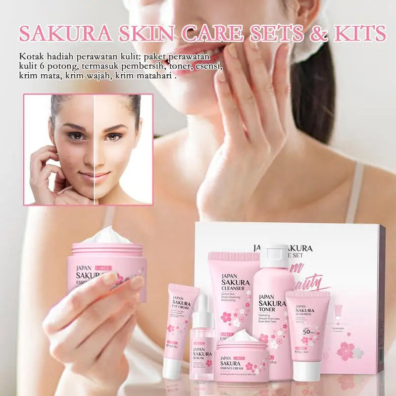 6pcs/box  Facial Products Kit Sakura Skin Care Set Facial Cleanser Face Cream Sunscreen Facial Mask Eye Cream Skincare Product