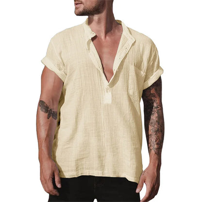 Summer Short Sleeve Formal Shirt Male Elegant Linen Shirts Blouses Loose White Social Shirts Man Pocket Casual Top Men Clothing