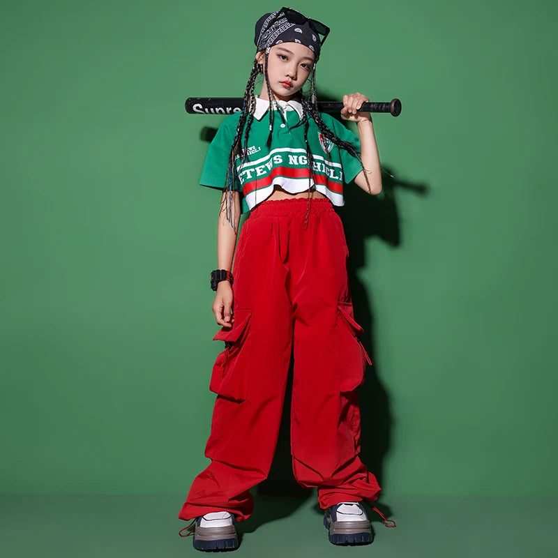 Kids Cometitions Hip Hop Clothing Crop Polo Tshirt Red Baggy Cargo Pants For Girls Jazz Showing Dance Costume Teenage Clothes