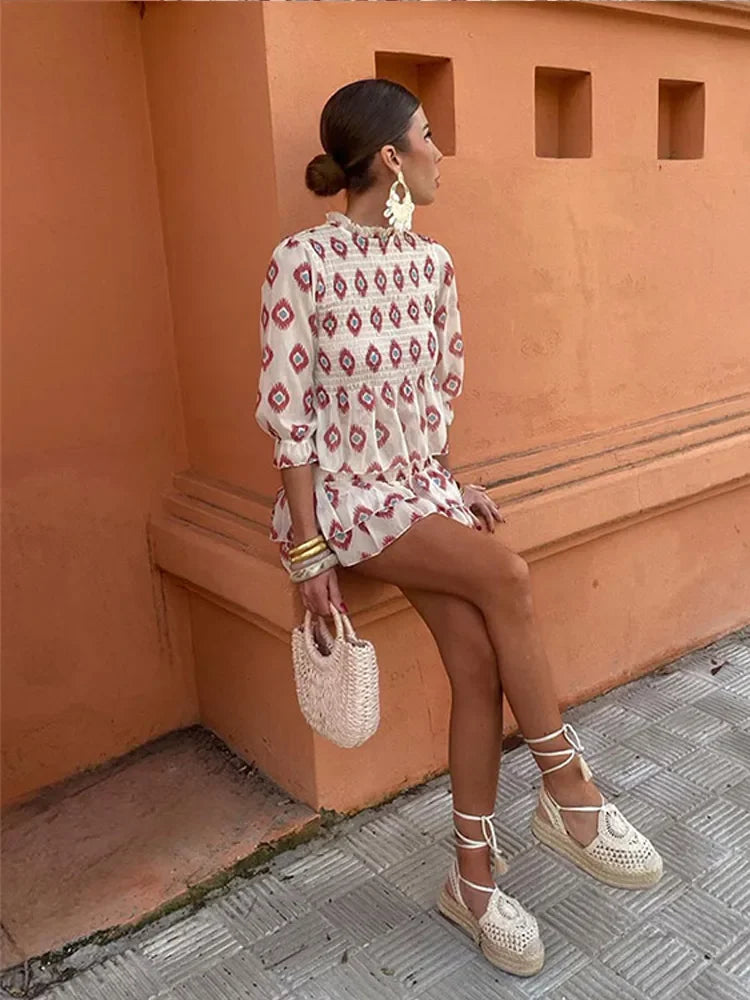 Woman Casual Printed Slim Shirt Short Skirt 2 Piece Set Puff Half Sleeve T-shirt High Waist Pleated Mini Dress Suit Outfit