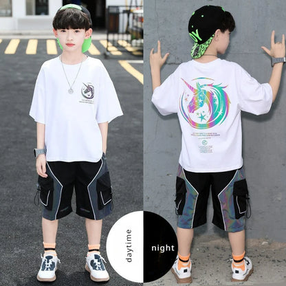 Summer Teenage Boy Reflective Cartoon Print Clothes Set Children Girls Tshirts and Shorts Suit Kid Top Bottom Outfits Tracksuit