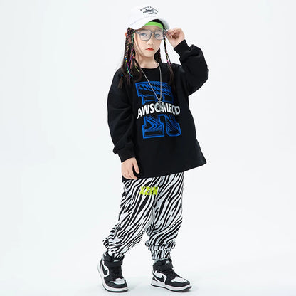 Joggers Pants For Girl Boy Jazz Dance Costume Show Clothes Kids Teenage Outfits Hip Hop Clothing Oversize Green Sweatshirt Zebra