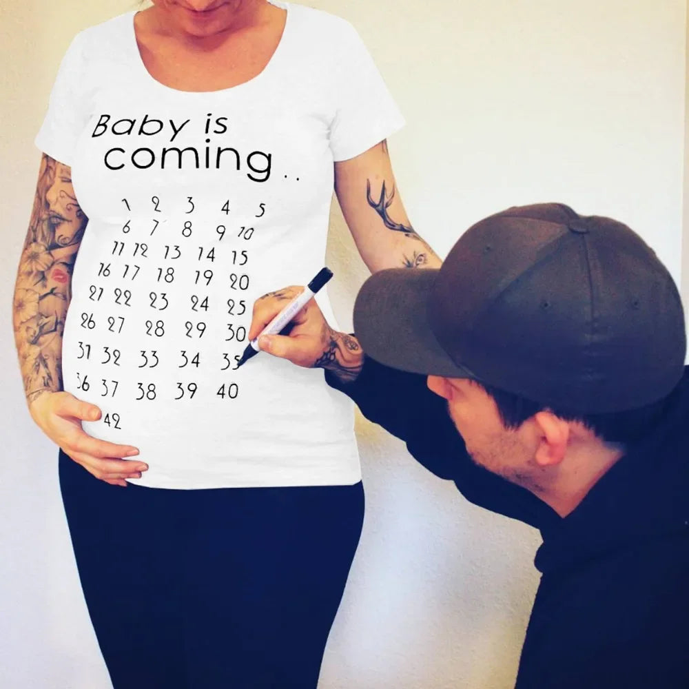 Baby Is Coming Print T-Shirt Women Maternity Clothing Pregnant Short T Shirt Funny Top for Photography Photo Shoot Plus Size