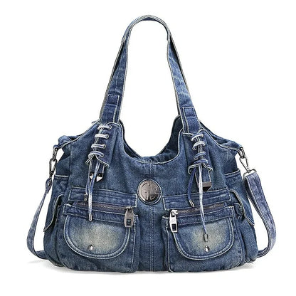 Large Capacity Handbag Casual Hobo Denim Bag Women Shoulder Bag Jeans Multiple Pockets Tote Bag