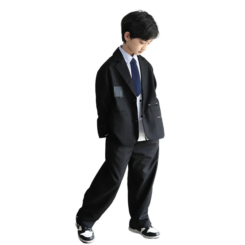 autumn boys suit clothes set Korean Letter Blazer+Striped shirt+tie+pants 4pcs 4-16 kids Boy Dress clothing outfits