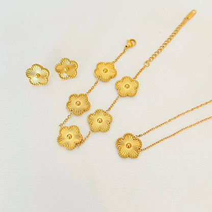 New Luxury Flower Pendant Necklace Bracelet Earrings Gold Plated Stainless Steel Clover Jewelry Set for Women Christmas Gift