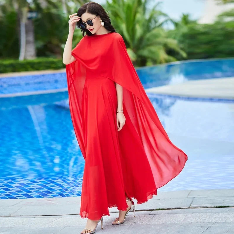 Shawl Dress Suit/Sun Protection Women Chiffon Dress Mother And Dress Two Piece Suit Bohemian Big Swing Long Dress Holiday Dress