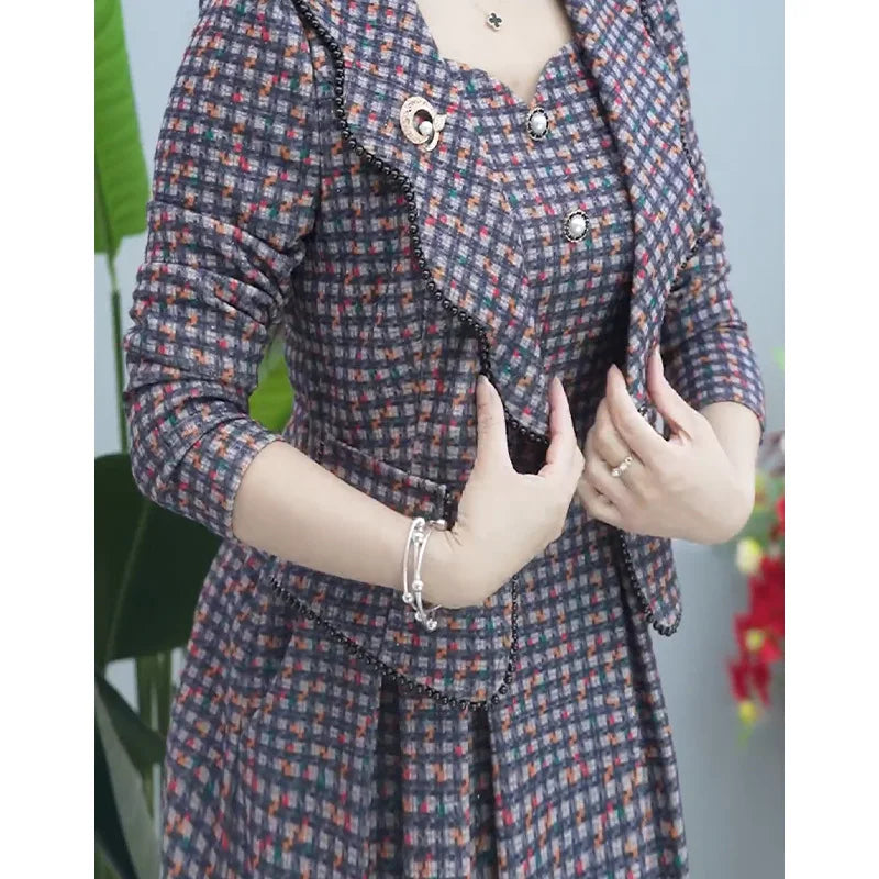 Casual Print Dress 2 Peice Set Women Cropped Blazer Coat+Sleeveless Round Neck Dress Outfits Office Lady Korean Plus Size Suits