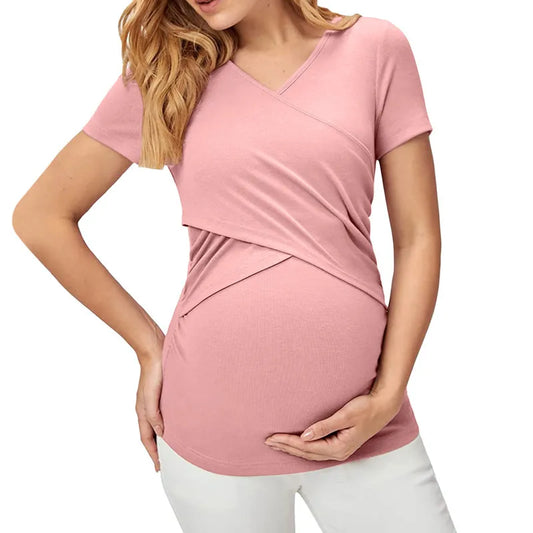 Maternity Clothes For Women Breastfeeding Clothing Short Sleeve T-Shirt Solid V-Neck Pregnant Women's Nursing Tops