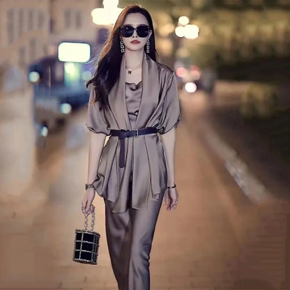 Summer 2Pcs/Set Dress Set Women Short Sleeve Mid-Length Skirt Suit Slim Chic Cardigan Coat Two Piece Set Fashion Lady Dress Suit