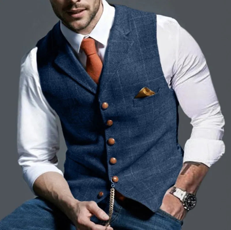 Men's Retro Suit Vest Fashion Plaid Lapel Single-breasted Waistcoat with Pocket Business Casual Formal Vest Tops Men's Clothing