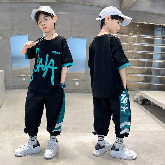 New Boys Short Sleeve Tshirt+Pants Sport Two Pieces Fashion Outfits Children Summer Letter Print Teenage Tracksuits Clothing Set