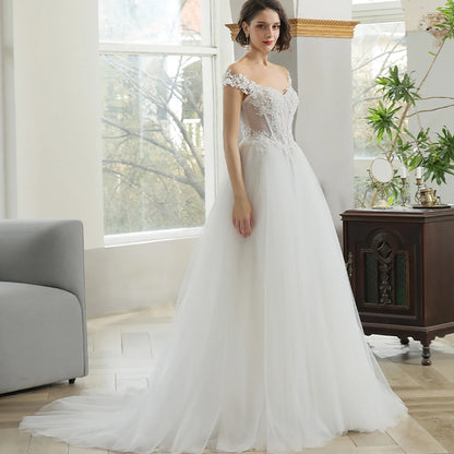 First-rate Factory Wholesale Wedding Dresses For Women 2024 Bride Ball Gown Scoop Illusion Button Vestido De Novia QW01100