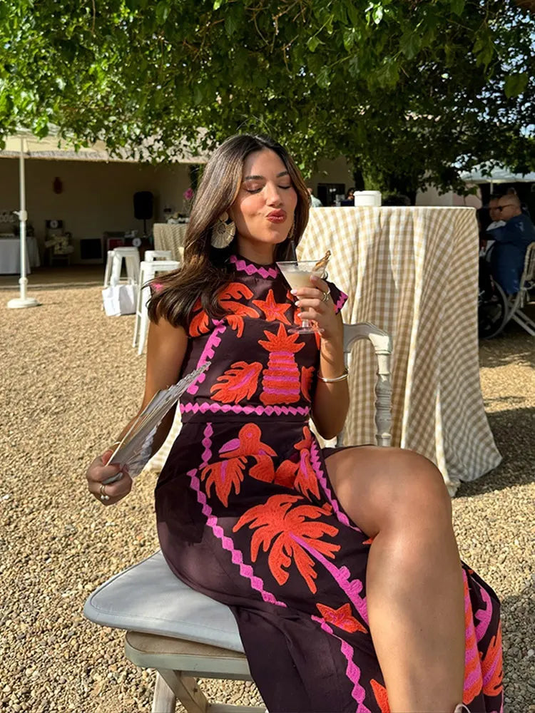 Summer Female Vintage Printed Long Dress Suits Chic Round Neck Sleeveless Crop Tops High Waist Loose Dresses Set Lady Outfits