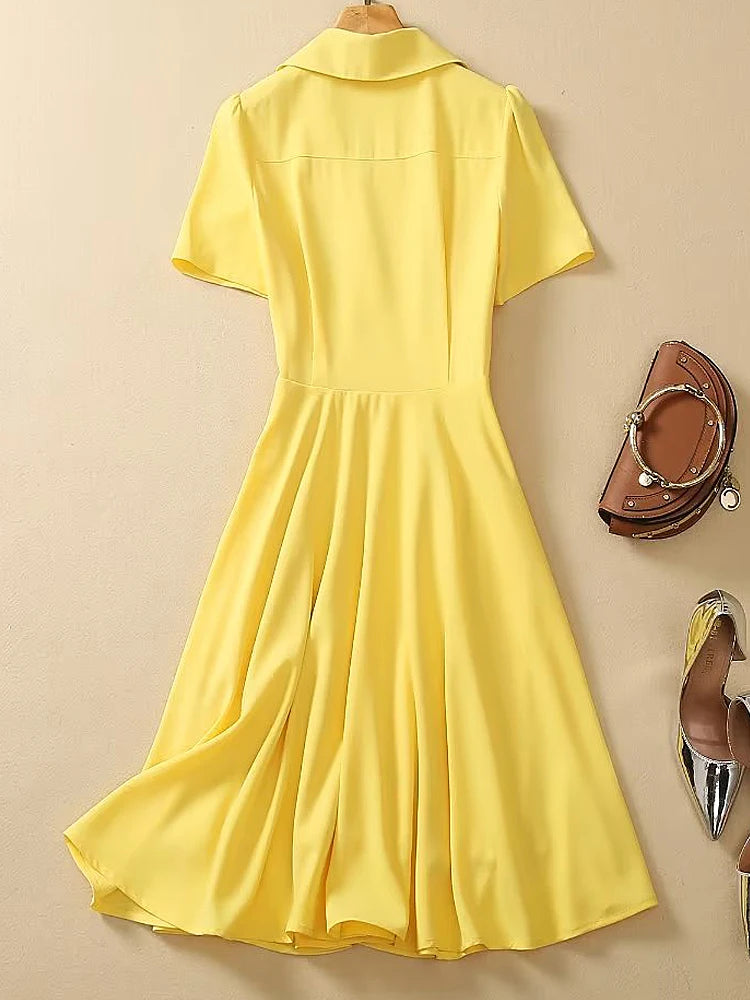 Kate Middleton Princess New Summer High Quality Women'S Yellow Button Office Party Runway Casual Elegant Chic Slim Midi Dress