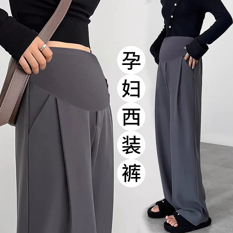 2024 Pregnant Women's Maternity Clothings New Wide Leg Suit Pants Casual Slimming Pants Simple Straight Leg Long Pants Gray